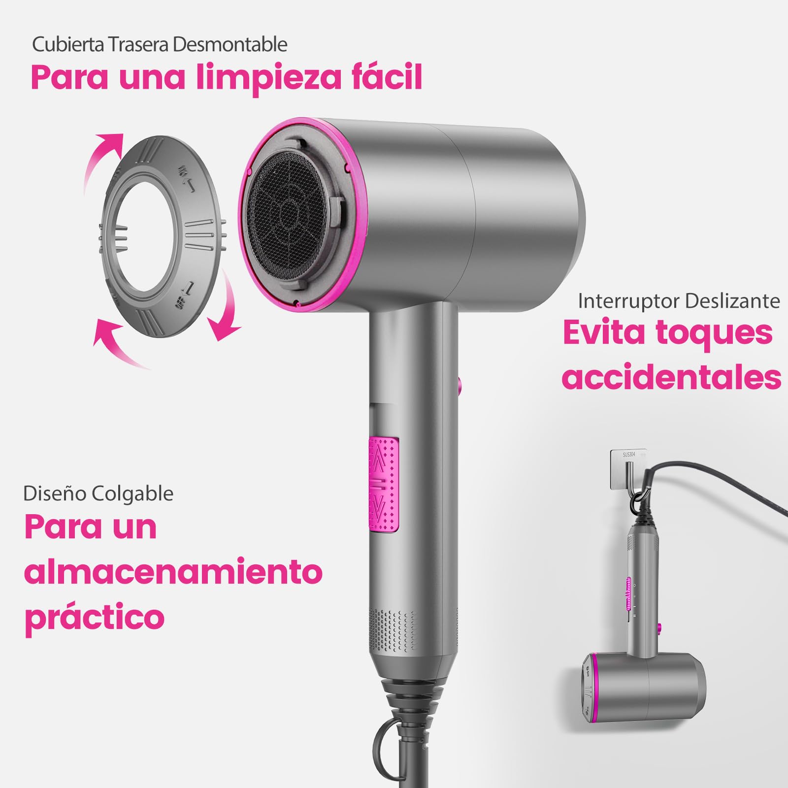 Faszin Secador de Pelo Iónico Motor AC Duradero Secadores pelo iones profesional, Difusor y Concentrador, 3 Temperaturas, 2 Velocidades, negativos Hair Dryer (Grey)