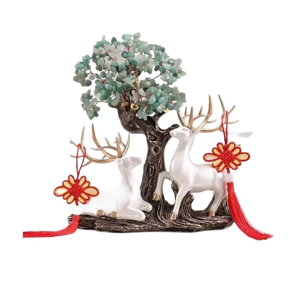 Fortune Crystal Trees Living Room Crystal Tree Decoration, Fortune Feng Shui with Deer Ornament Crafts(Green)