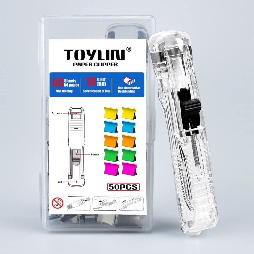 Toylin Upgraded Office Stapler, 2022 Portable Handheld Paper Clam Clip Dispenser with 50pcs Metal Refill Clips or Office Home School Teacher Gifts Kitchen(Transparent+Colorful Clips)