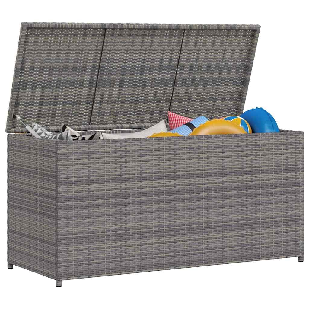 Caja para cojines de jardín gris 120 x 50 x 60 cm, de polirratán con bolsillo interior para cojines, cojines, mantas, cojines de asiento, juguetes y libros, resistente a la intemperie,