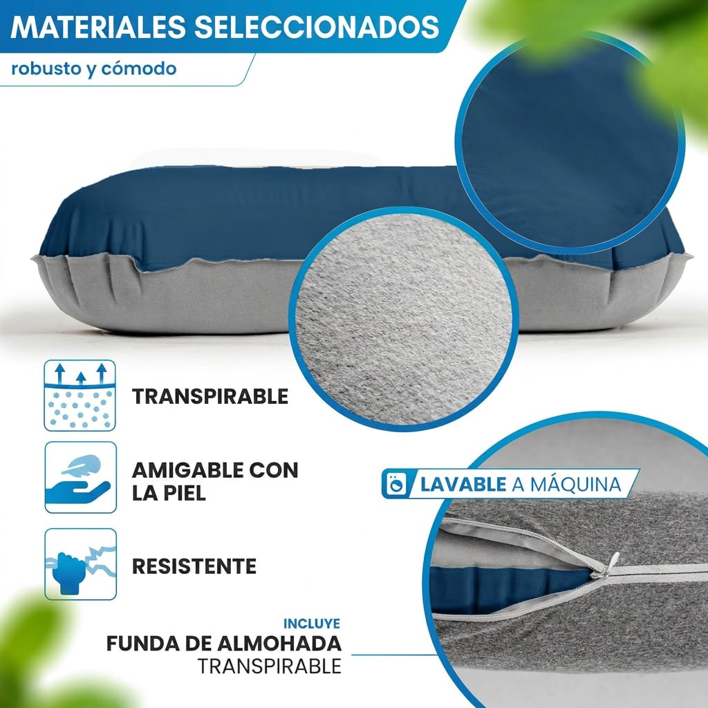 NORDMUT® Almohada de Camping Inflable [SoftSleep+] Almohada cómoda Ultraligera-pequeño tamaño – Inflable con Funda Lavable (Azul)