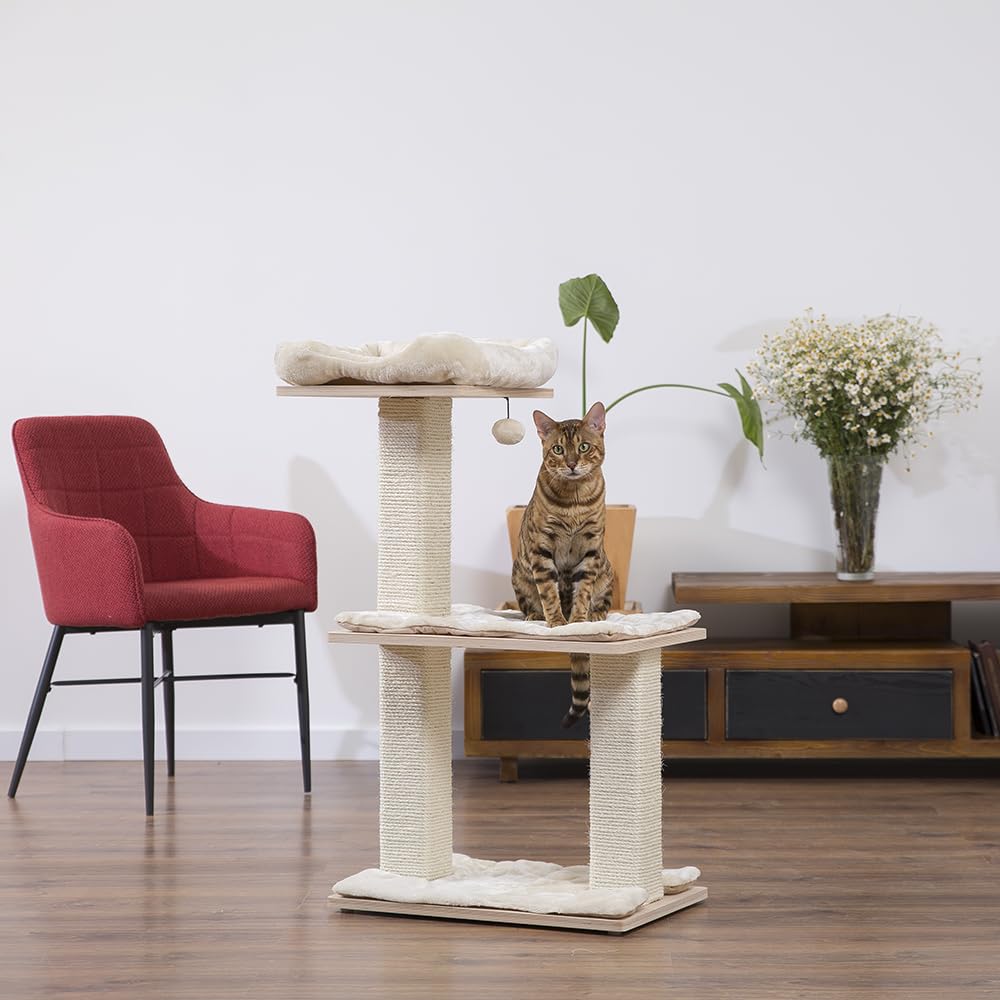 Natural Paradise – Rascador Orquídea | Con Plataformas de Madera Laminada Natural | Crema (M)