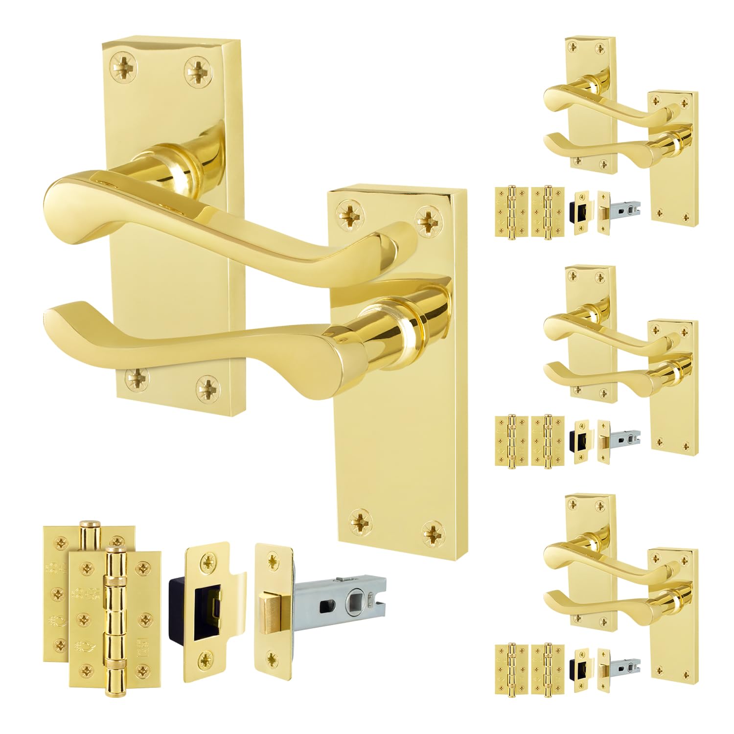 EAI Polished Brass Door Handles with Latch 64mm and Hinges, 4 Pack