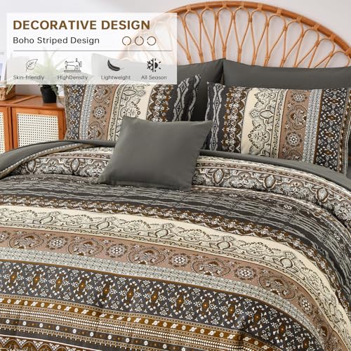 Image of Cottolester Boho Queen Comforter Set 8 Pieces,Brown Black Bohemian Comforter Paisley Striped Bed in A Bag,Soft Microfiber Bedding Set for All Season