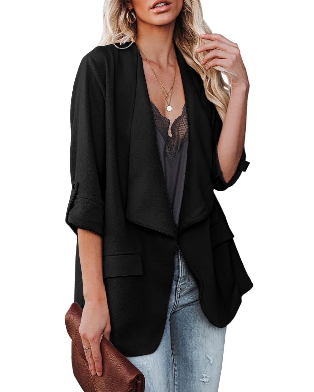 Damen-Blazer, lässig, aufrollbar, langärmelig, vorne offen, für Arbeit, Büro, Business, Blazer mit Taschen