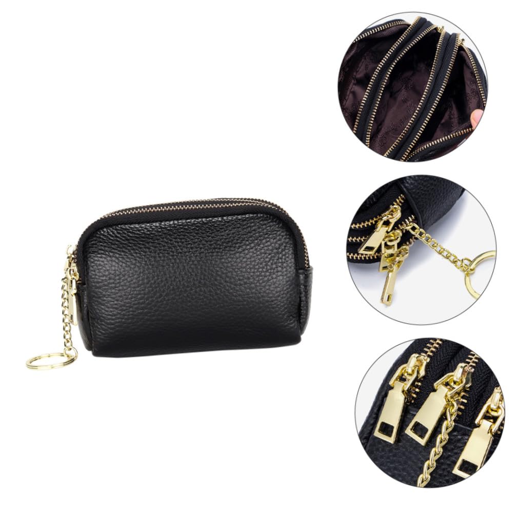 Coin Purse in Vera Pelle Bovina Nero, Mini Portamonete Cerniera, Grande Capacità, Portachiavi, Design a Strati per Donna