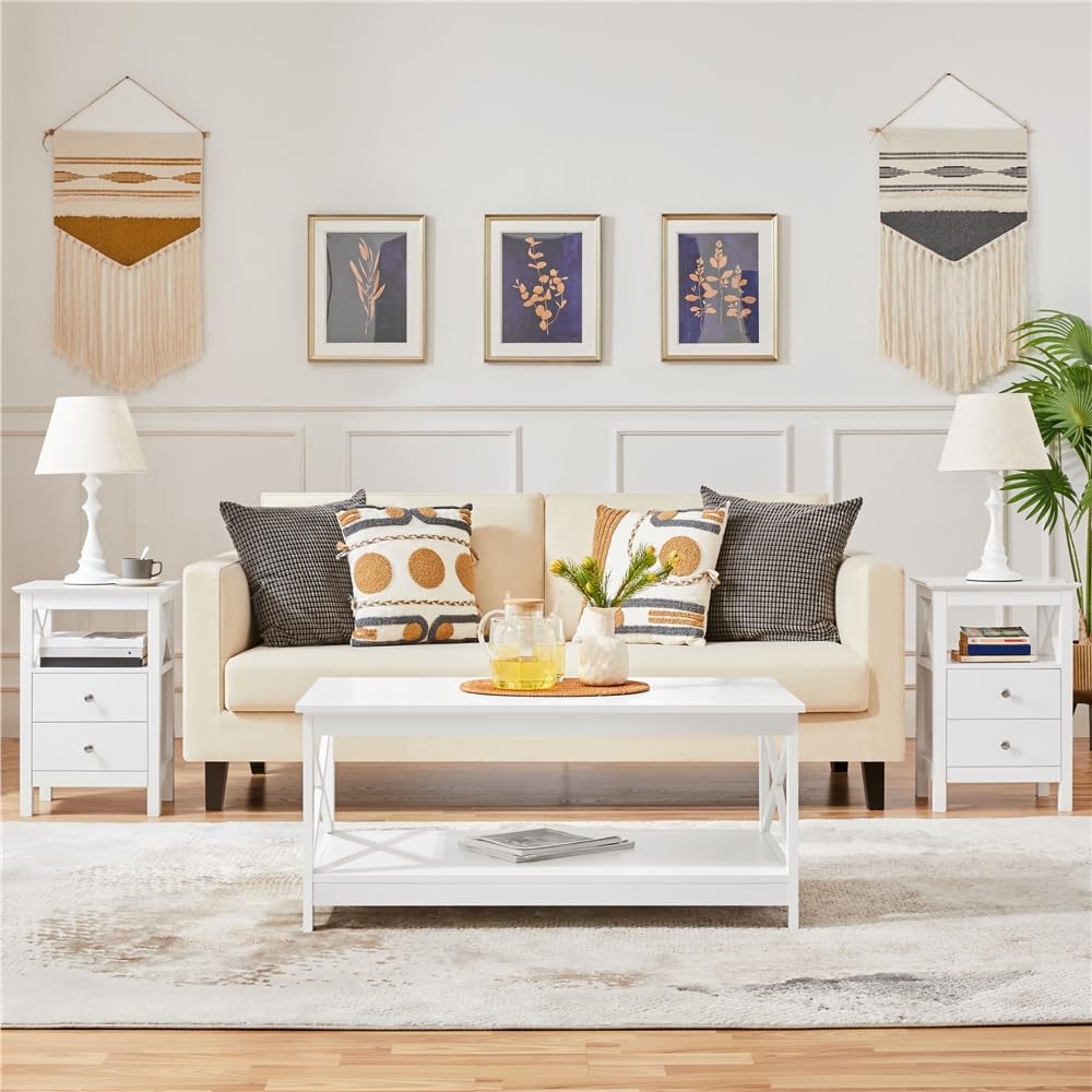 Yaheetech Mesitas de Noche de Dormitorio Mesillas de Noche con 2 Cajones y Estante Mesa Lateral de Sofá de Moderna Mueble de Noche Blanca 40x30x60 cm