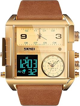 SKMEI Men's Digital Sports Watch, LED Square Large Face Analog Quartz Watch with Multi-Time Zone Waterproof Stopwatch