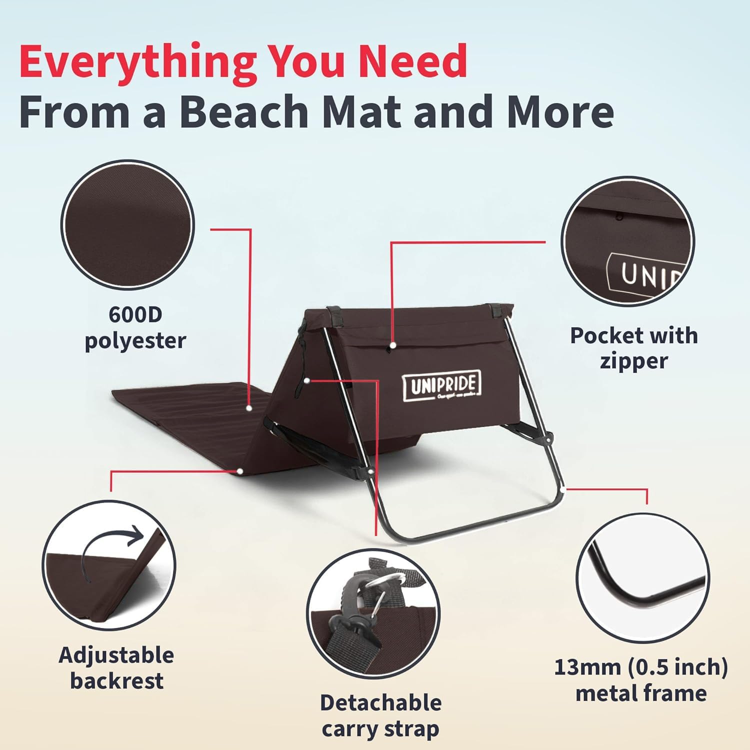 UNIPRIDE Lightweight Beach Chairs for Adults #2026 - Beach Mat Sand Free Waterproof I Ideal as Lounger for Tanning I Relaxing, Compact & Ultimate Beach Gear (Brown)
