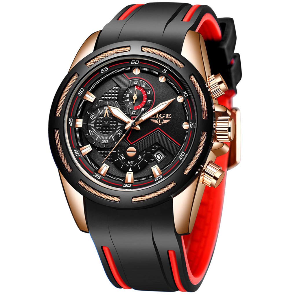 LIGE Montres Hommes Mode Élégant Analogique Quartz Chronographe Étanche Silicone Homme Montre Bracelet Sport Grand Noir Cadran Rond Business Casual Robe Hommes Montre Calendrier