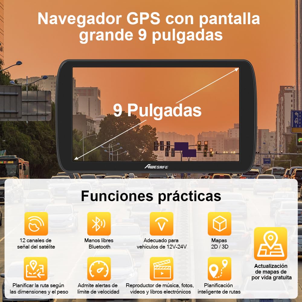 AWESAFE 9'' Pantalla Navegador GPS Off Road con Bluetooth para Coches/Camiones/Autocaravana/Caravana/Autobús/Furgoneta/Truck, con Mapas Europeos de 48 Países, Actualizaciones Gratuitas de por Vida