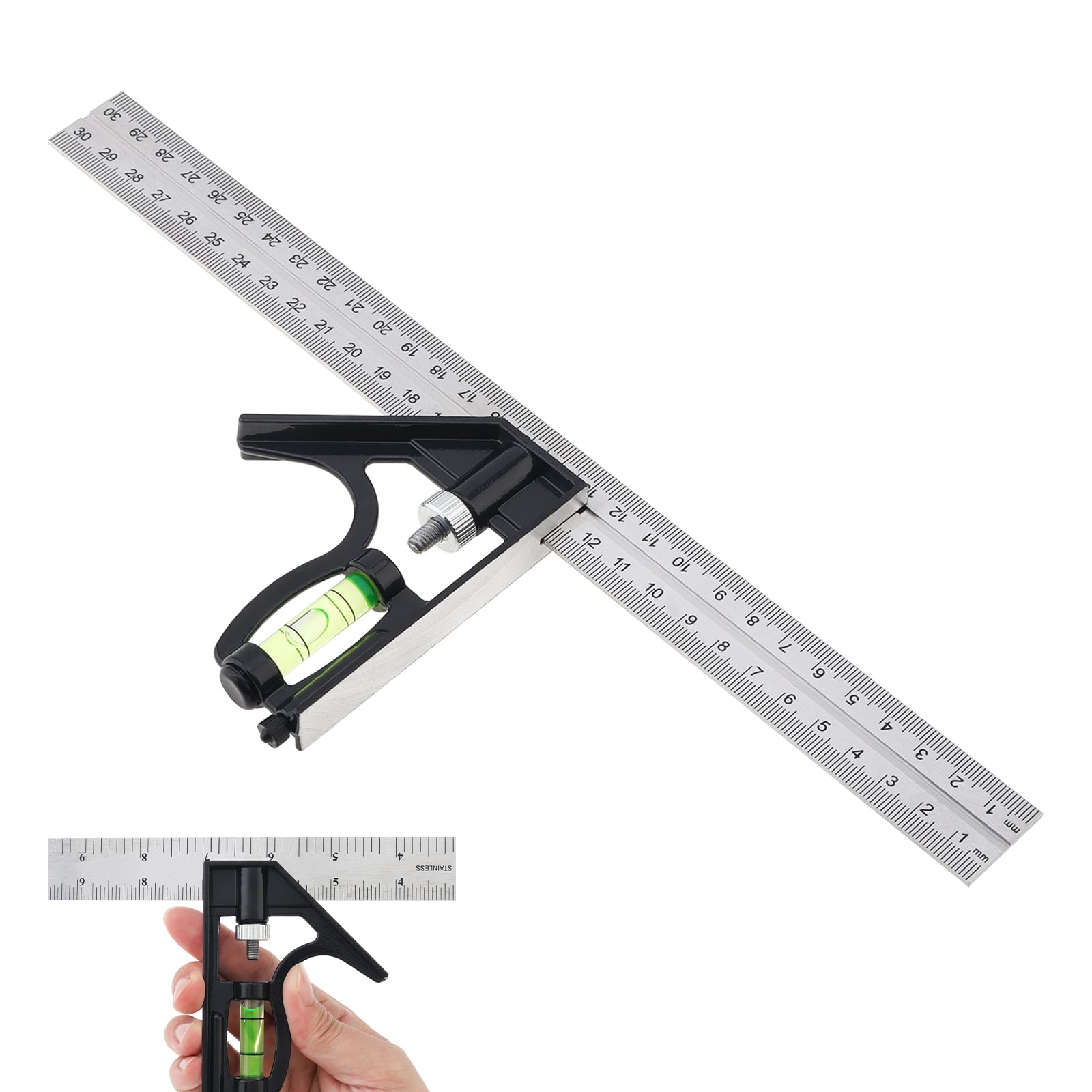 Équerre combinée, règle d'angle combinée en acier inoxydable de 300 mm, échelle métrique et impériale 45/90 degrés avec niveau à bulle pour charpentier, ingénieur, mesure du travail du bois