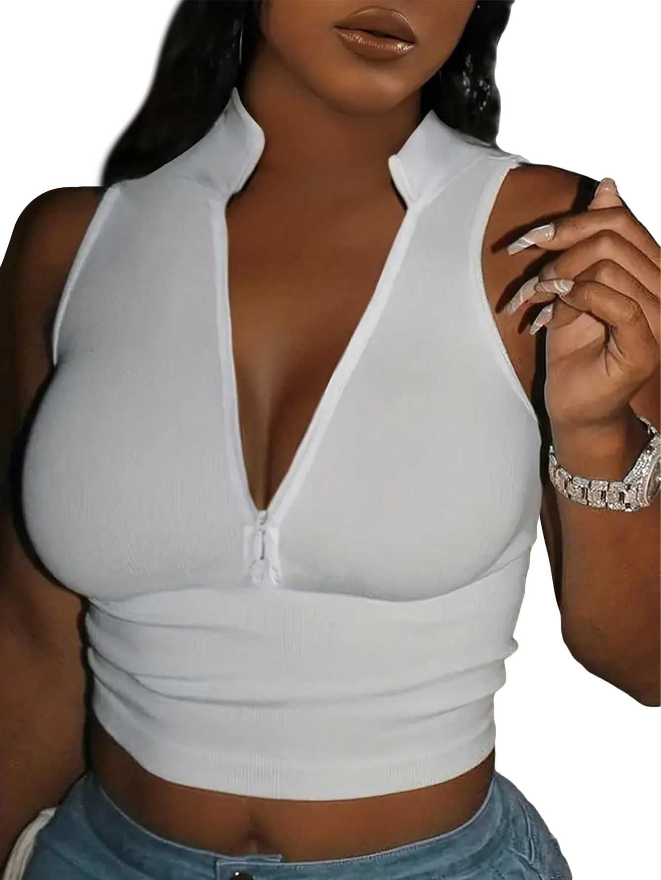 GORGLITTERWomen's Ribbed Knit Mock Neck Zipper Vest Crop Slim Fitted Sexy Tank Tops