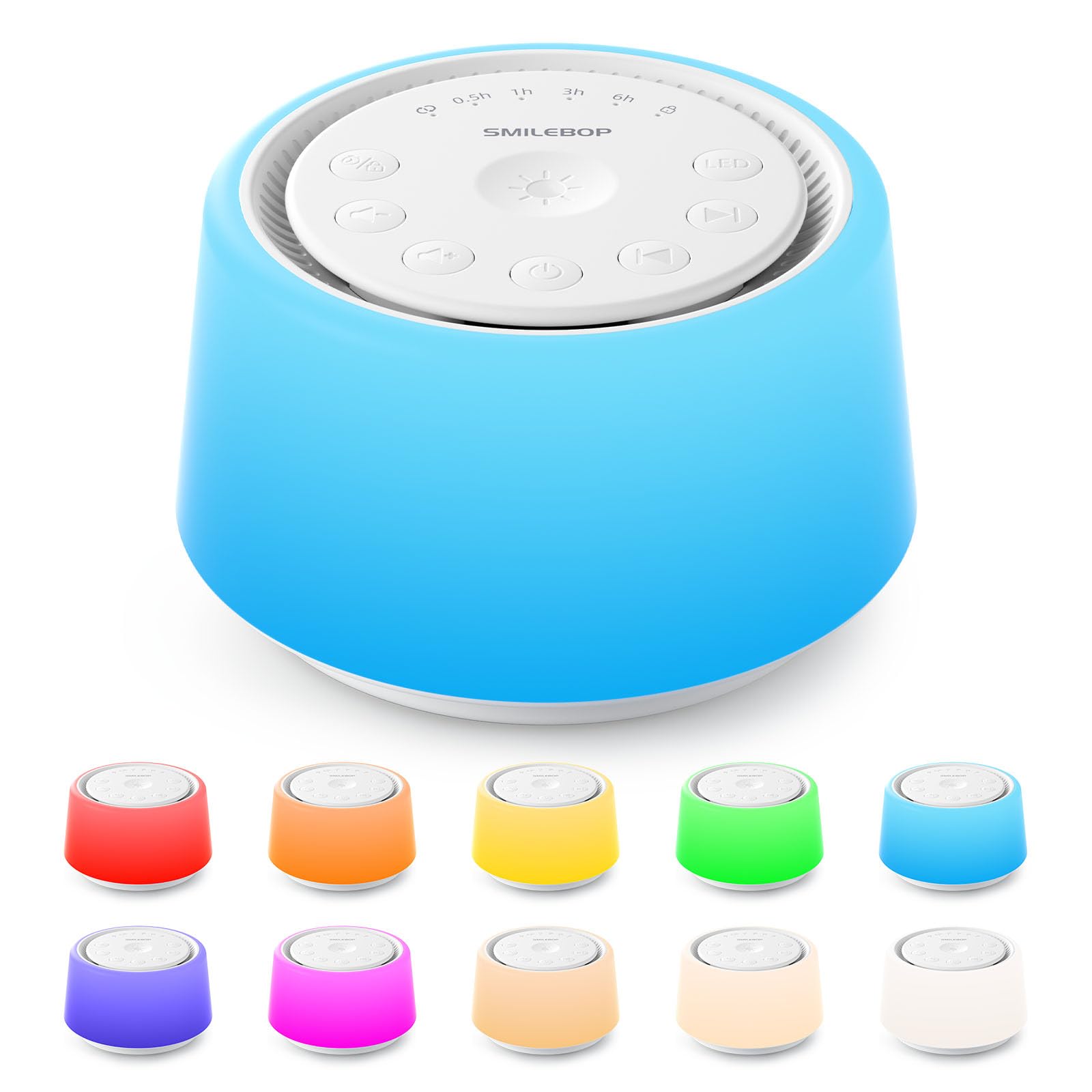 Máquina de ruido blanco con luz nocturna, 30 sonidos relajantes, máquina de sonido portátil para bebés y adultos, luz nocturna de 10 colores, 5 opciones de temporizador, función de memoria