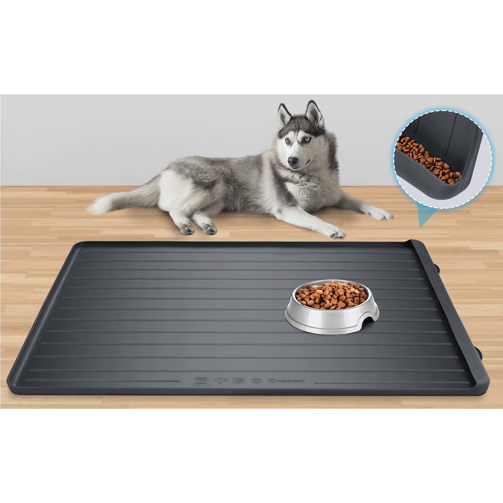 Dog Feeding Mat - 39''x27'' Large Silicone Pet Food Mats with Residue Collection Pocket and High Edges, Floors Waterproof Dog Cat Bowl Mat Prevent