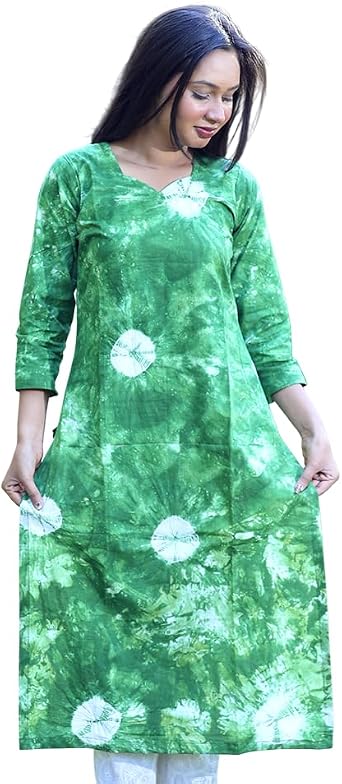 Womens Tie Dye Cotton Kurti, Green and White Floral Print, 3/4 Sleeve Traditional Indian Tunic Dress