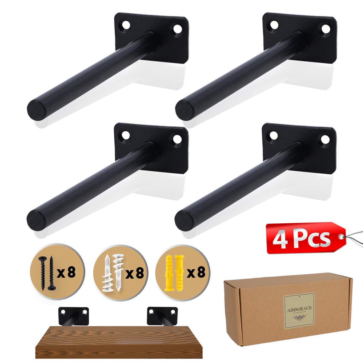 AddGrace Floating Shelf Brackets 6 Inch Metal Hidden Shelf Support for Wood Shelves with Hardware