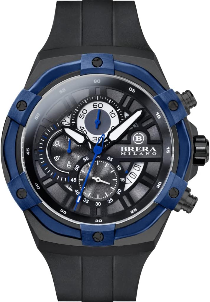 Brera Milano Men's Supersport Evo 45Mm Chronograph Quartz Watch, Black Steel Case, Black Dial with Blue Bezel, Natural Rubber Strap