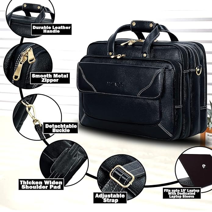 Image of Full-Grain Natural Genuine Pure Orginal Leather Office Briefcase Laptop Messenger Shoulder Bags For Mens Man Office Use 15.6 Inch cabin szie travelling Size-L-16'' X H-12'' X W- 6''
