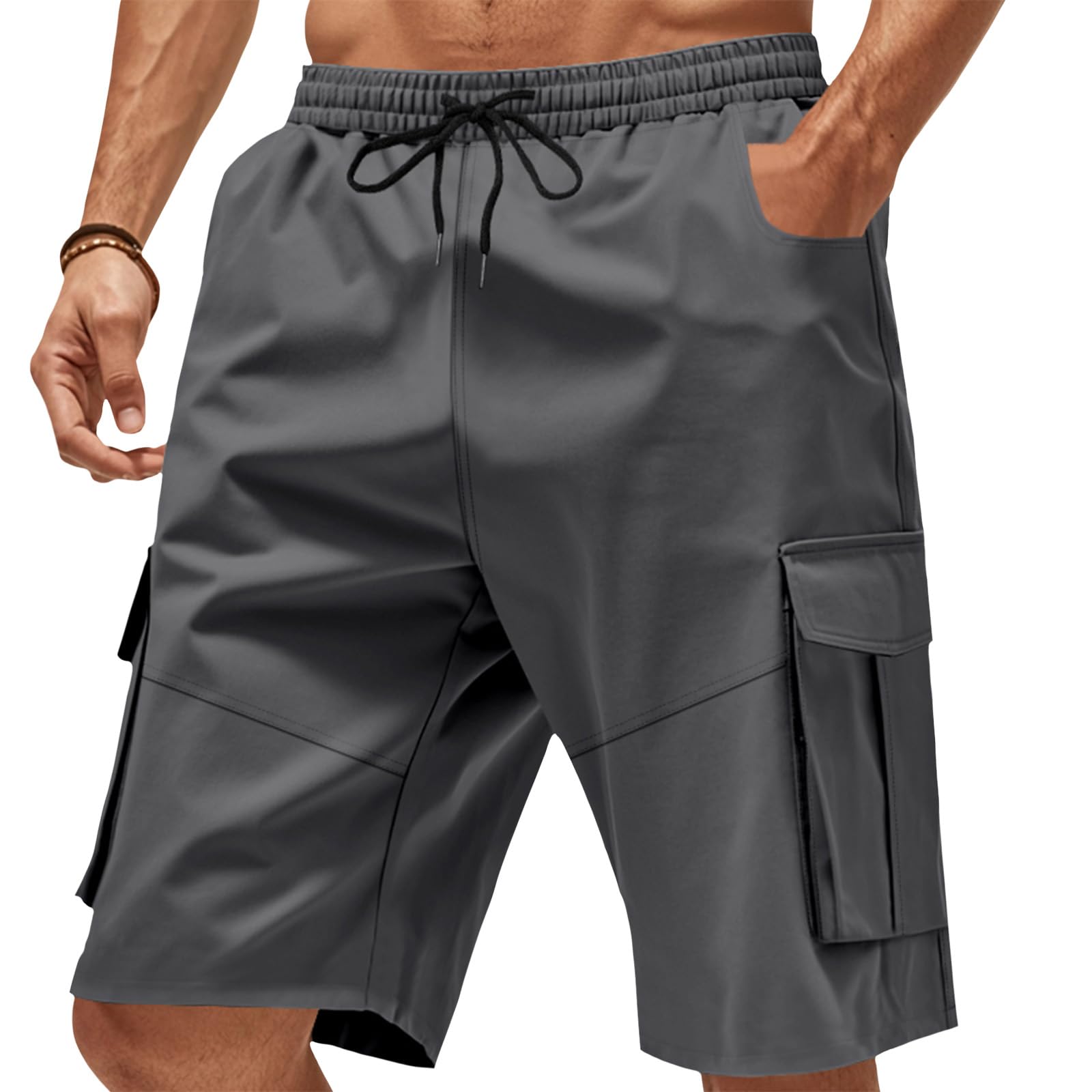Mens Classic Cargo Shorts Casual Drawstring Elastic Waist Work Short with Multi Pockets Camping Outfits