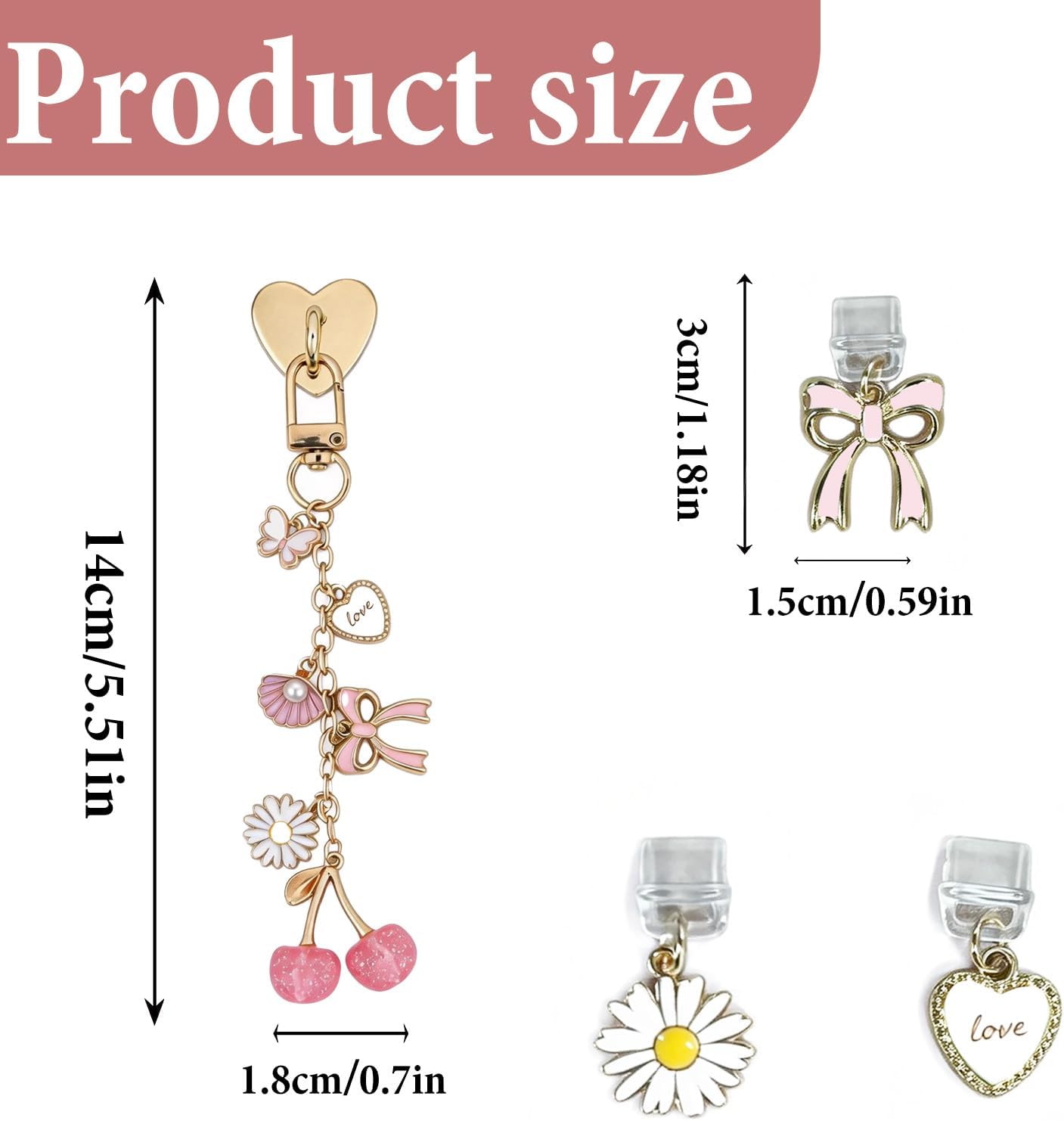 4PCS Cherries Bow Charms for Kindle - Gold Retro Chains with Type C Dust Plug, Charm for Readers Booklovers Women Men, Compatible for E-Reader Phones Paper White