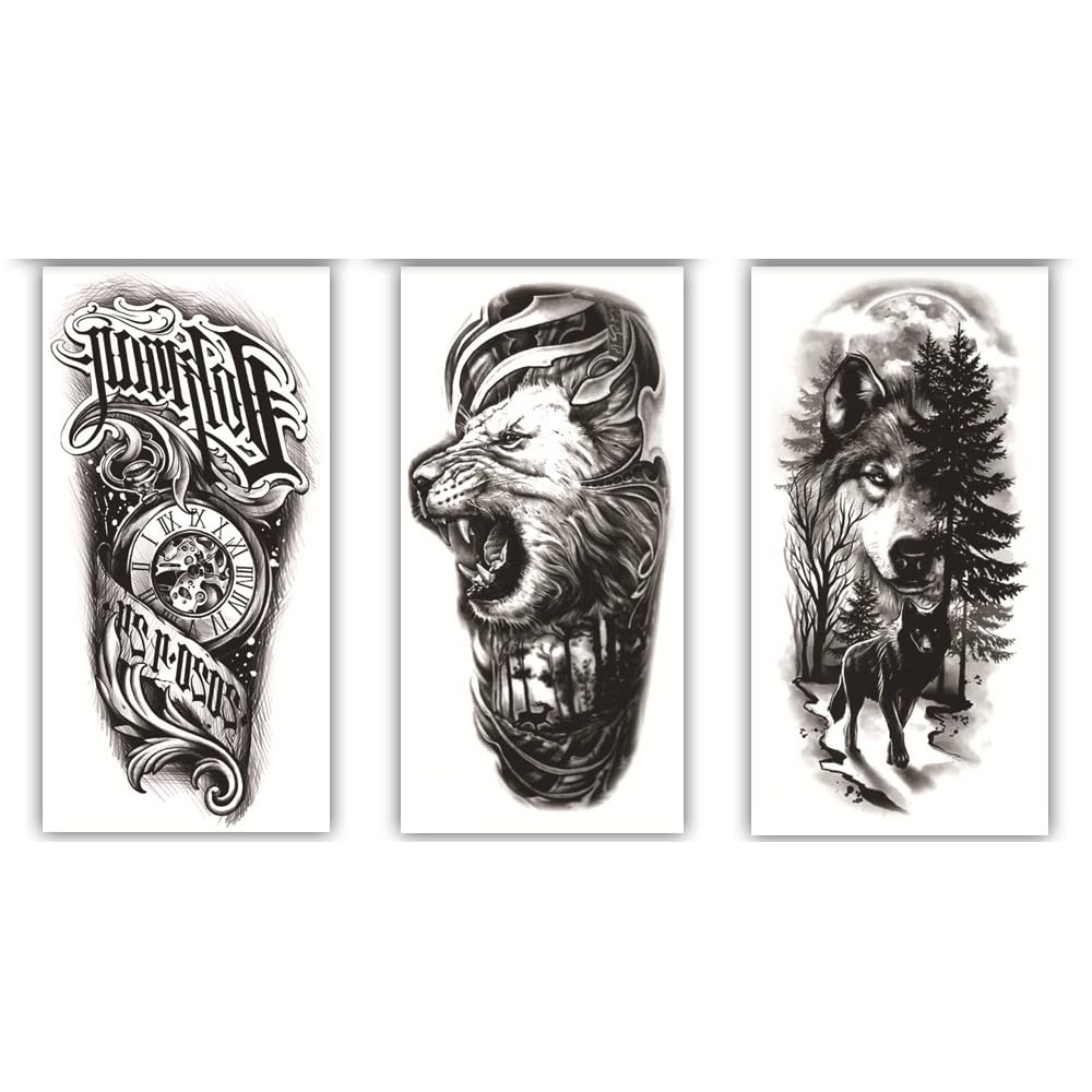 S.A.V.I 3 Pcs Large Temporary Tattoo Sheets for Men – Wolf, Lion & Clock Design – Realistic Black Waterproof Removable Arm Sleeve Tattoos – 21x10cm Safe Non-Toxic Body Art for Parties & Events-image-15