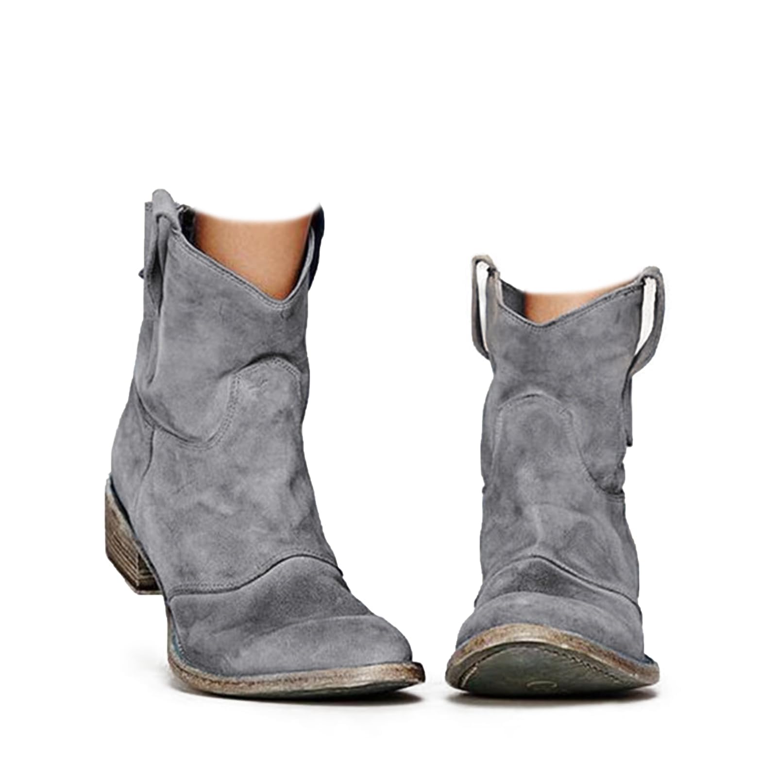 Suede Ankle Boots for Women Western Cowboy Ankle Boots Slip On Round Toe Mid Heel Retro Back Zipper