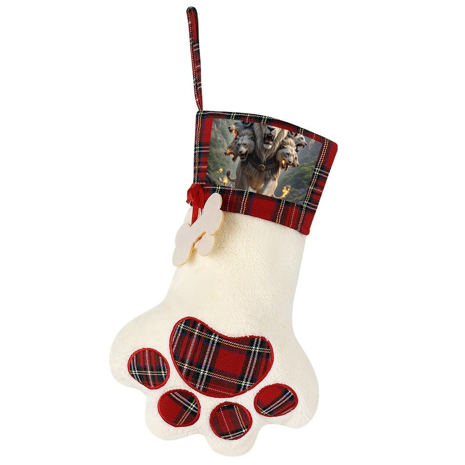 Nine Lions Dog Paw Christmas Stocking for Pet Lovers 17" Faux Sherpa Pet Stocking with Red Black Buffalo Plaid Bone Accent Xmas Holiday Decor for Tree Fireplace Party Ornament