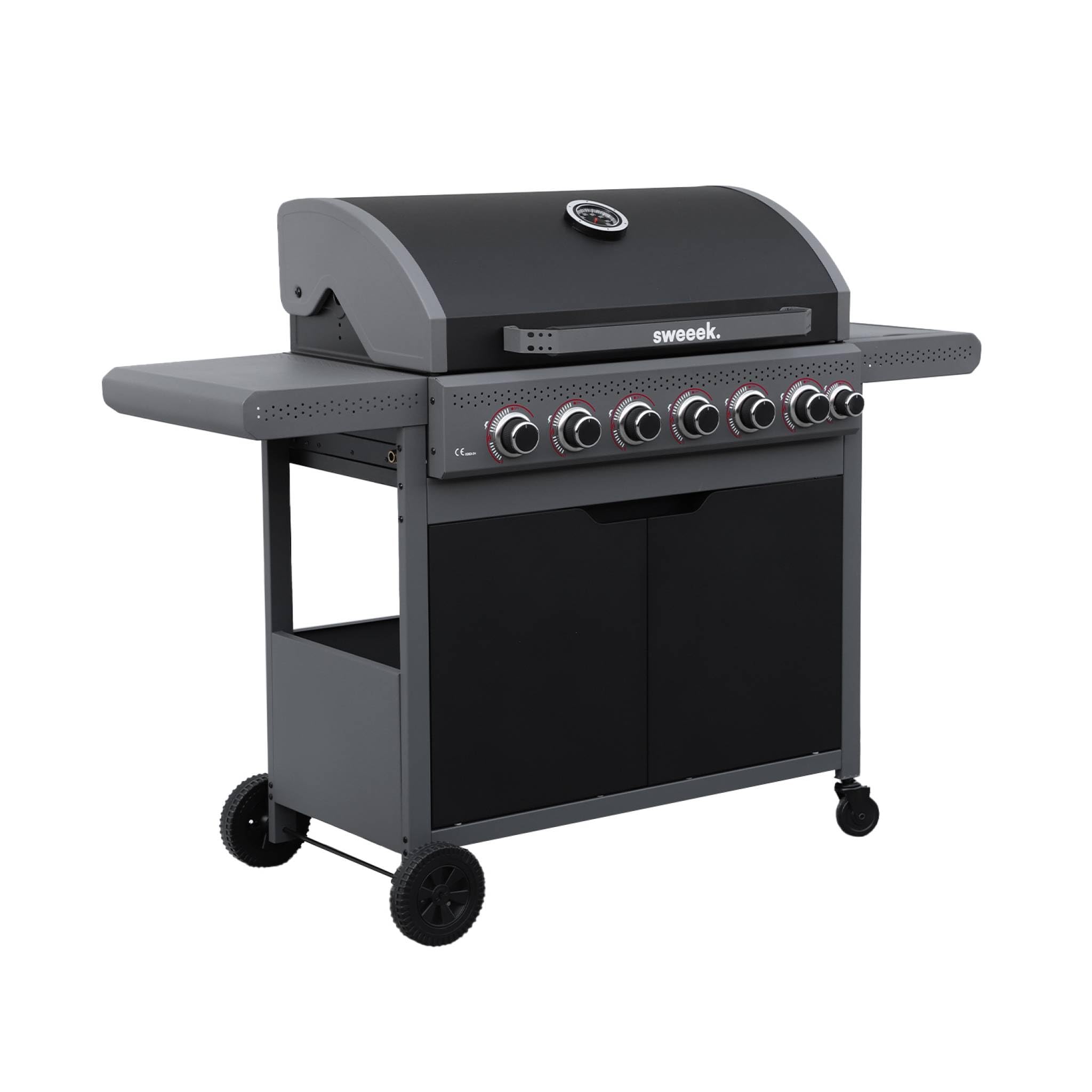 sweeek - Barbecue au gaz Edmond noir - 6 brûleurs + 1 feu latéral. avec thermomètre. L 132x P62 x H143 cm