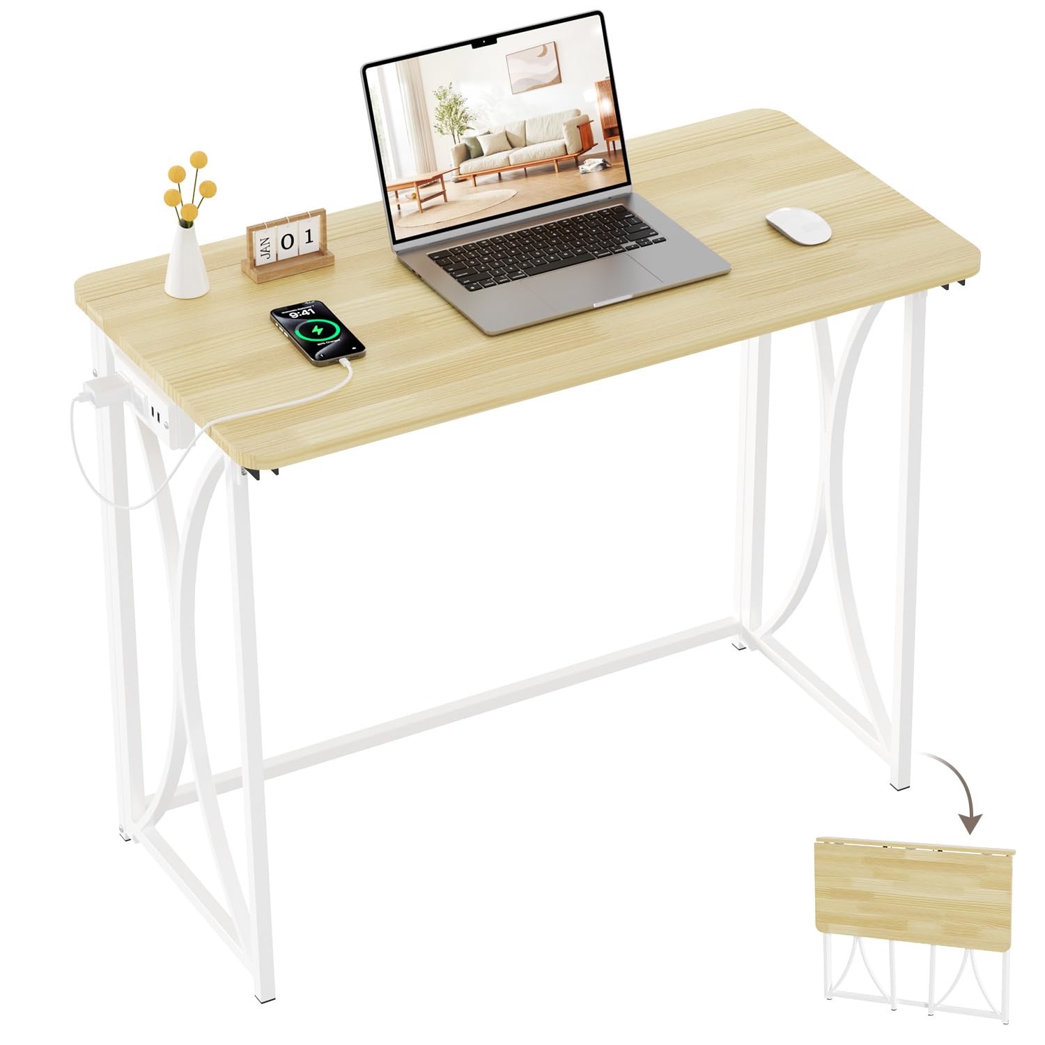 Mini Desk, 31.5" Small Desk for Bedroom with Power Outlet, Foldable Desks for Small Spaces & Home Office, Easy Assembly, Beige Floor Patten