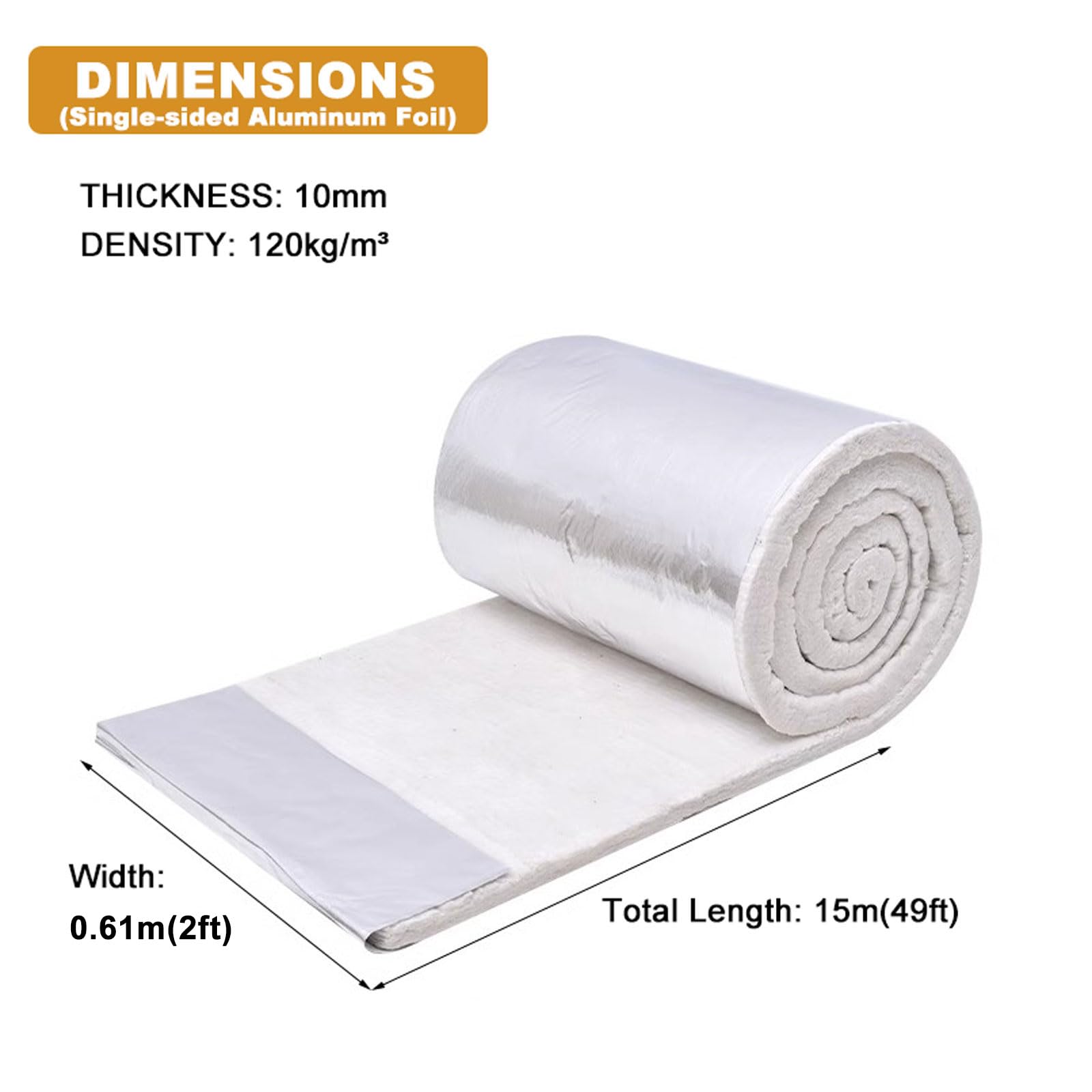 Keramikfaser-Decke Isolierung, Keramikfasermatte Hochtemperatur Isolierung Zweiseitige Aluminium-Folie Feuerfest Bis 1200°C für Holzöfen Kamine Kessel(Size:610mm x 15000mm x 10mm - 120kgm³,Color:weiß)