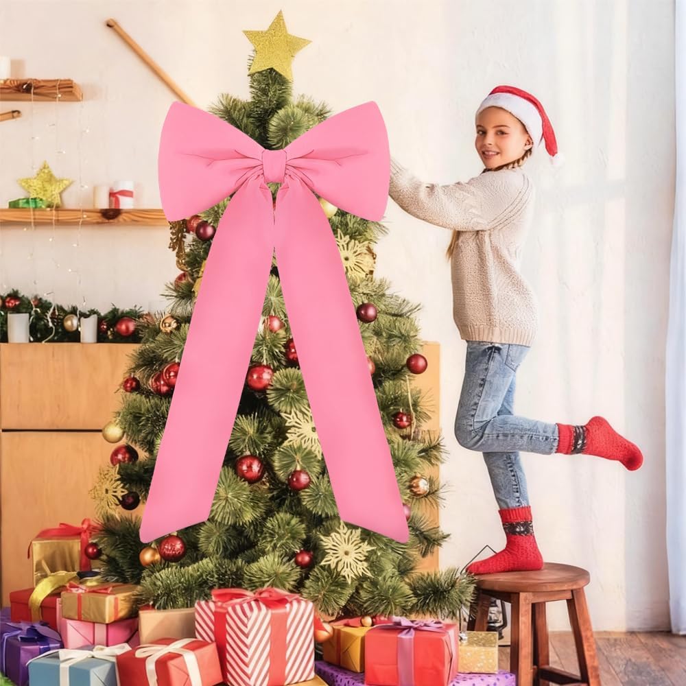 Large Christmas Bow Ornament 15x30 Inch Velvet Giant Wreath Bows Xmas Tree Topper Ribbon Hanging Bows for Christmas Holiday Home Wall Outdoor Indoor Party Garland Crafts Decoration(Pink) - Image 6