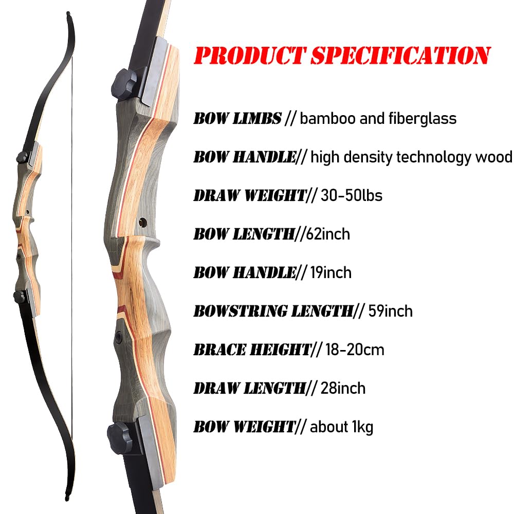 AMEYXGS 62" Arco ricurvo da tiro con l'arco Adulti e giovani Arco da caccia 30-50LBS Riser in legno con accessori per tiro con l'arco Mano destra (30lbs, Tipo 2)