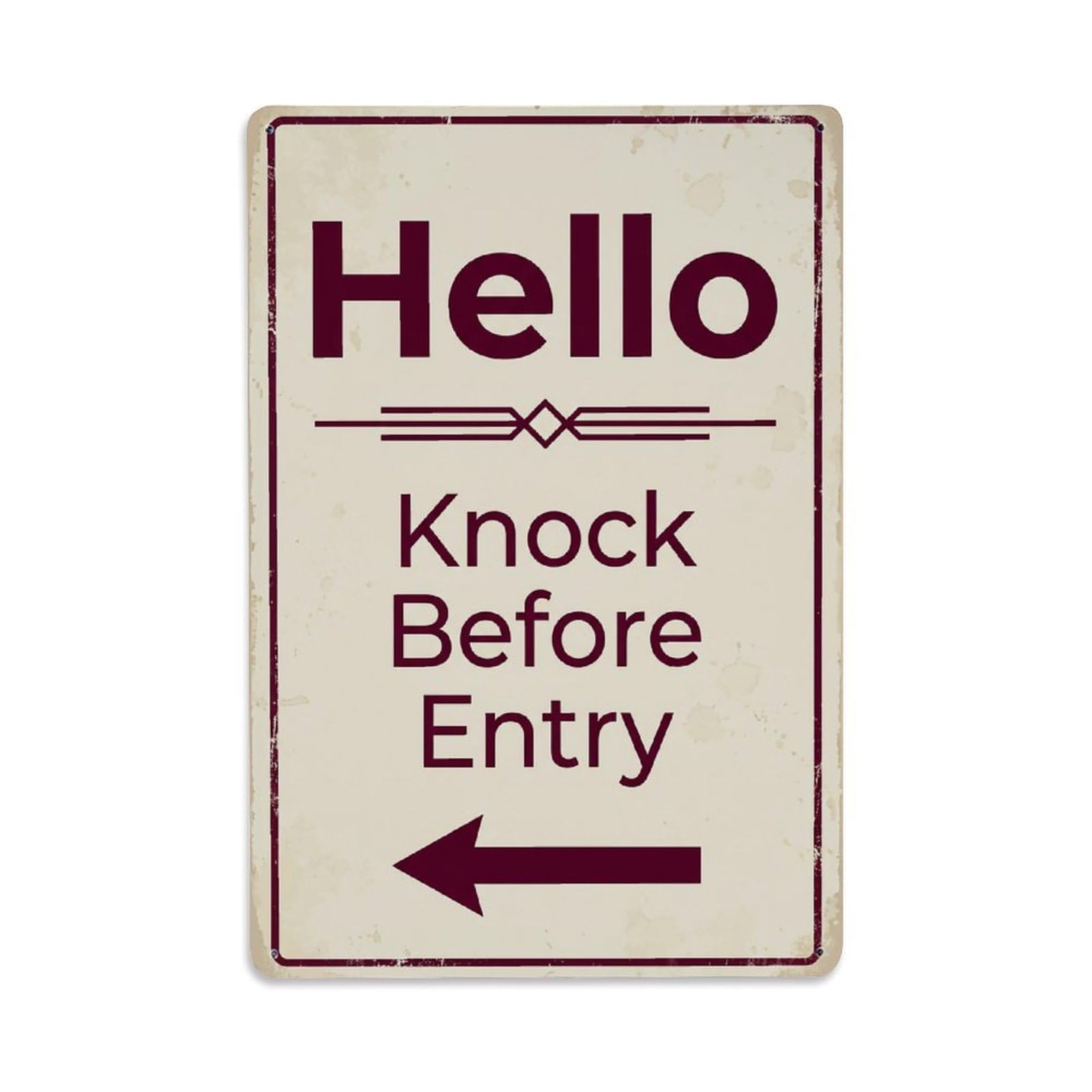 Vintage Hello Knock Before Entry Arrow Geometric Metal Tin Sign