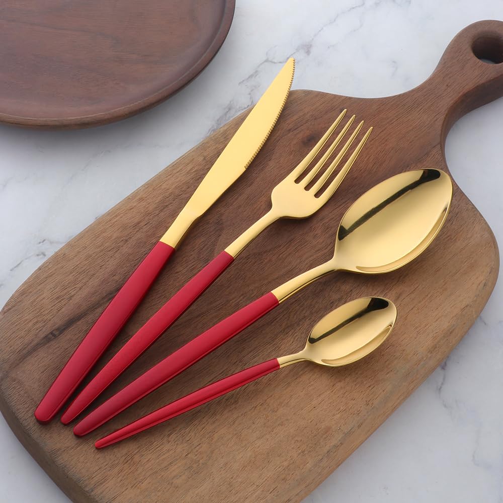 16 Pieces Flatware Set, This Silverware Set Contains Knives/Forks/Spoons Included, Elegant Utensil Tableware Sets for Eating, Serving for 4(Red&Gold)