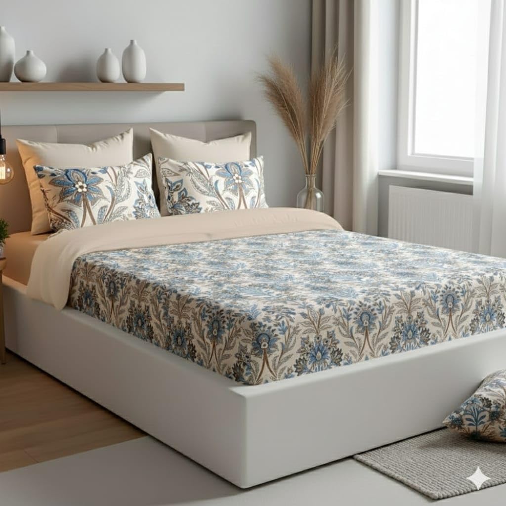 SAGON Premium Cotton Fitted Bedsheet | Smooth Finish, Skin-Friendly & Breathable | Elegant Printed Bedsheet (Blue Meadow Floral, Single (42 x 78 x 10))-picture-41