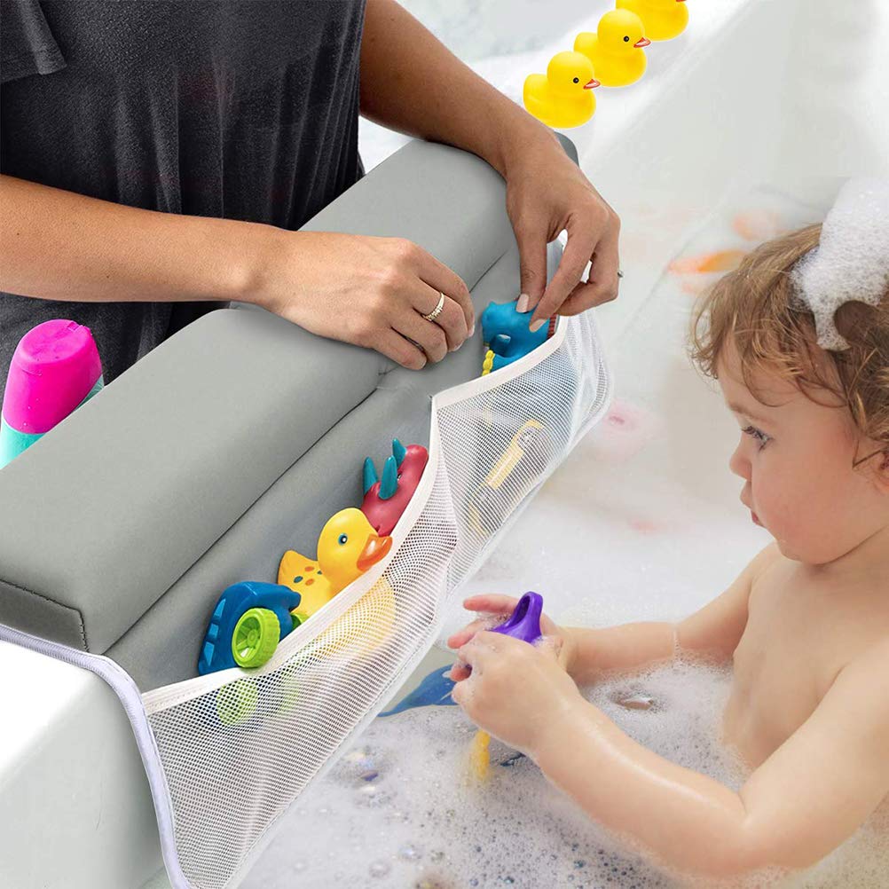 Juego de rodilleras y coderas de baño para bebé, 1.5 pulgadas de grosor, reposabrazos con 4 bolsas de almacenamiento de juguetes y almohadilla antideslizante para la bañera, cojín de baño lavable para