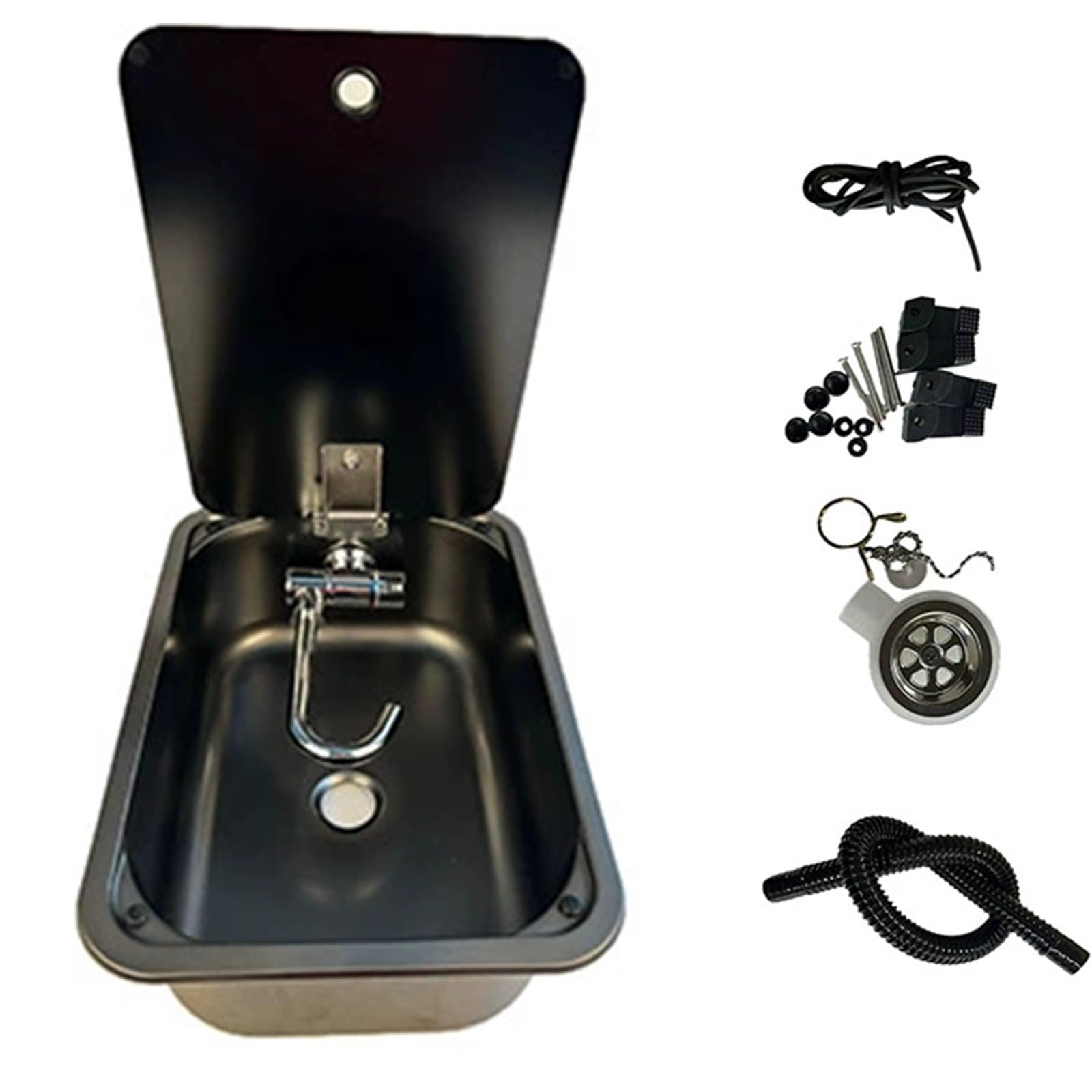 Camping Waschbecken mit Glasdeckel, RV Wohnmobil Spülbecken, Edelstahl 304, mit Ablaufgarnitur, Klapphahn Inklusive, für Wohnmobilanhänger, Yachten, 380 X 280 X 146 Mm, Schwarz