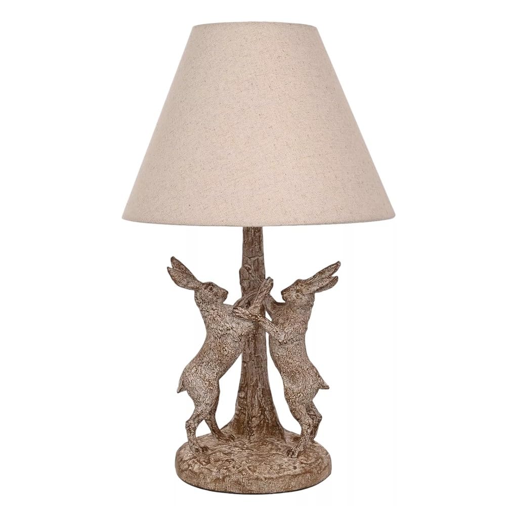 Britalia Marching Hares Table Lamp, Wood Effect Resin, Beige Linen Shade, 23cm Diameter, 46cm Height, 1.20Kg