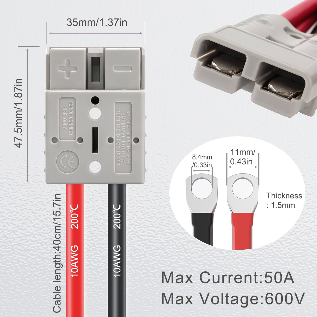Batterieanschluss 50A 600V Akku Steckverbinder Schnellanschluss Stecker 10 AWG O-Ring 1m Kabel Ladestecker Quick Connect Batterie für Winch oder Trailer, Auto - 2er-Pack