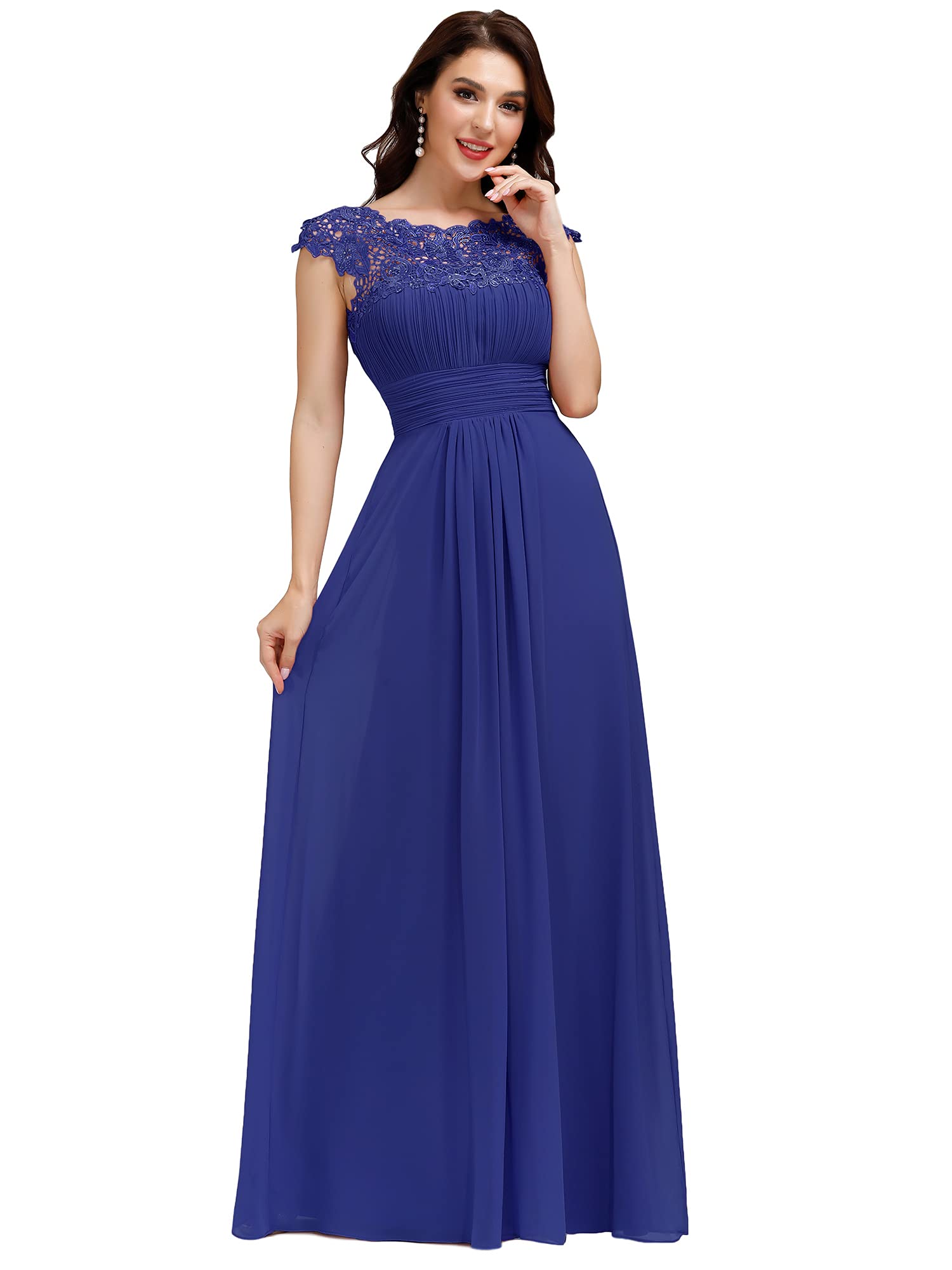 Ever-Pretty Vestido de Noche Encaje Largo para Mujer A-línea Gasa Escote Redondo Corte Imperio Elegantes Azul Zafiro 40