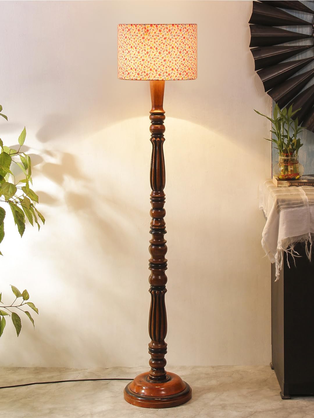 Cotton Shade Floor Lamp with Wooden Base – Height 56 Inches, Colour | Modern Standing Lamp for Living Room, Bedroom, Office | Stylish & Decorative Home Lighting | Elegant Décor