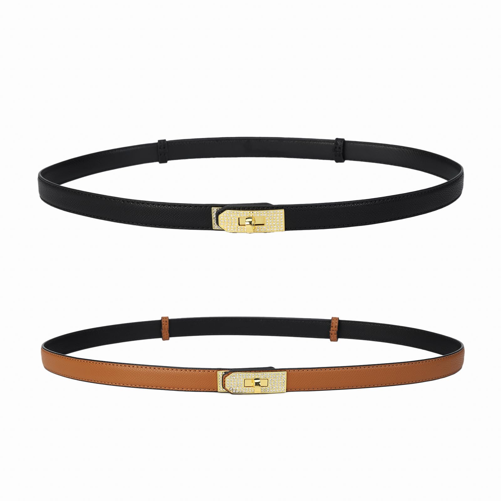 Womens Skinny Genuine Leather Belt Adjustable Rhinestone Gold Buckle