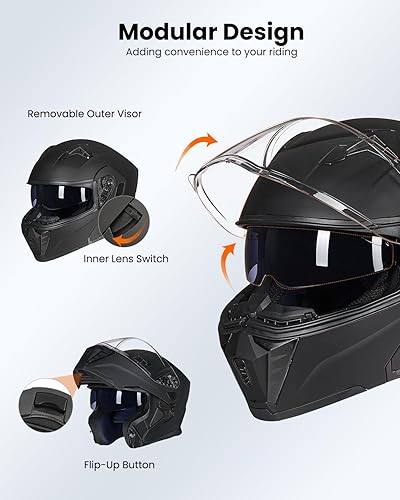 Miniatura 3 de ILM Casco modular de cara completa para motocicleta, para adultos, doble visera, luz trasera LED, opcional DOT