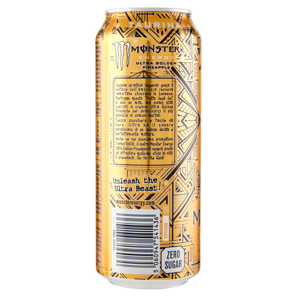 Italian Gourmet Energy Zero Ultra Gold bevanda energetica 48 x 500ml Ananas | Ohne Zucker, gusto tropicale frizzante, Dose für Party, Sport, Arbeit und, Gesamtnettogewicht 24 L + Kostenlos Polpa 400g