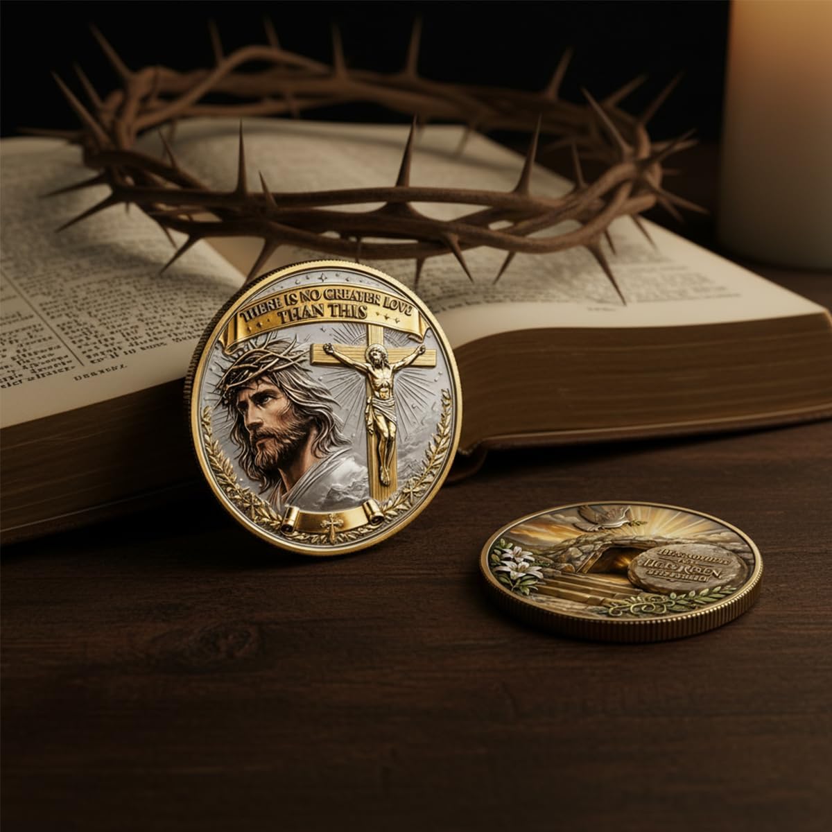 No Greater Love Resurrection Commemorative Coin, Christian Challenge Coin with Jesus Cross Crown of Thorns, “He is Risen” Empty Tomb Bible Verse Token, Religious Keepsake for Believers (10PCS)