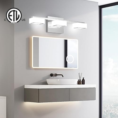 Miniatura 2 de MYTH REALM Moderna lámpara LED de baño sobre el espejo, 3 luces regulables de tocador, lámpara de tocador de baño de acrílico cromado, ajustable de