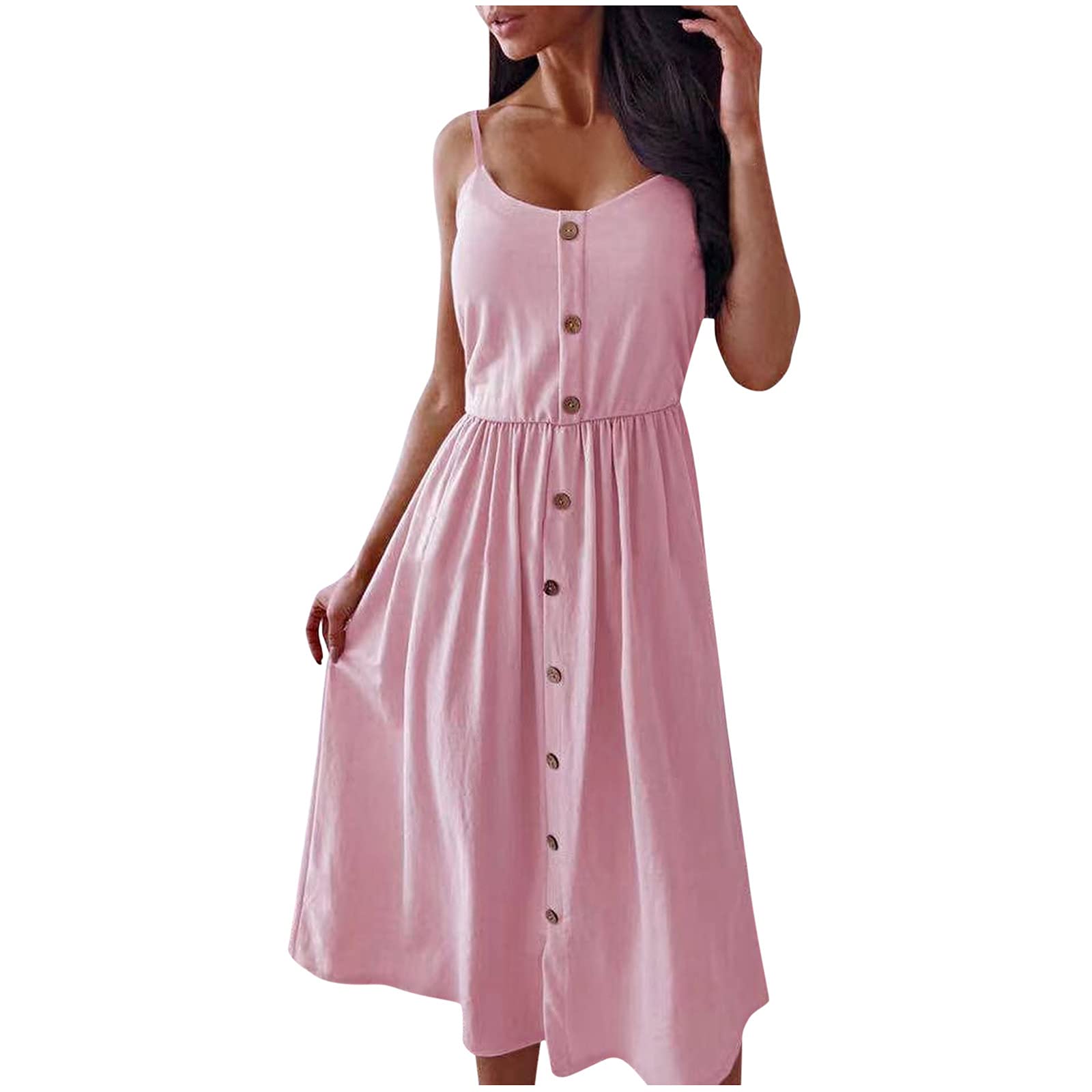 Sunnyuk Vestidos de Verano Mujer 2022 Largos Baratos Vestidos Verano A-Line Dress Camisole Casual Lino Sexy Mujer Midi Beach Botones Vestido de Mujer Vestidos Lunares Grandes