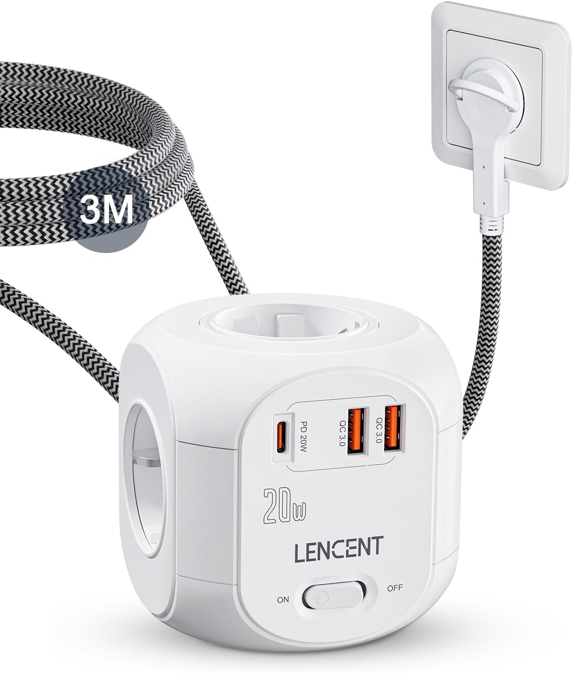 LENCENT PD20W Schnellladung 4 Fach Steckdosenleiste Flachstecker Steckdosenwürfel 7 in 1 Mehrfachsteckdosen Cube Steckdose mit 2 USB-A & 1 USB-C, Steckerleiste mit 3 Meter Geflochtenem Kabel