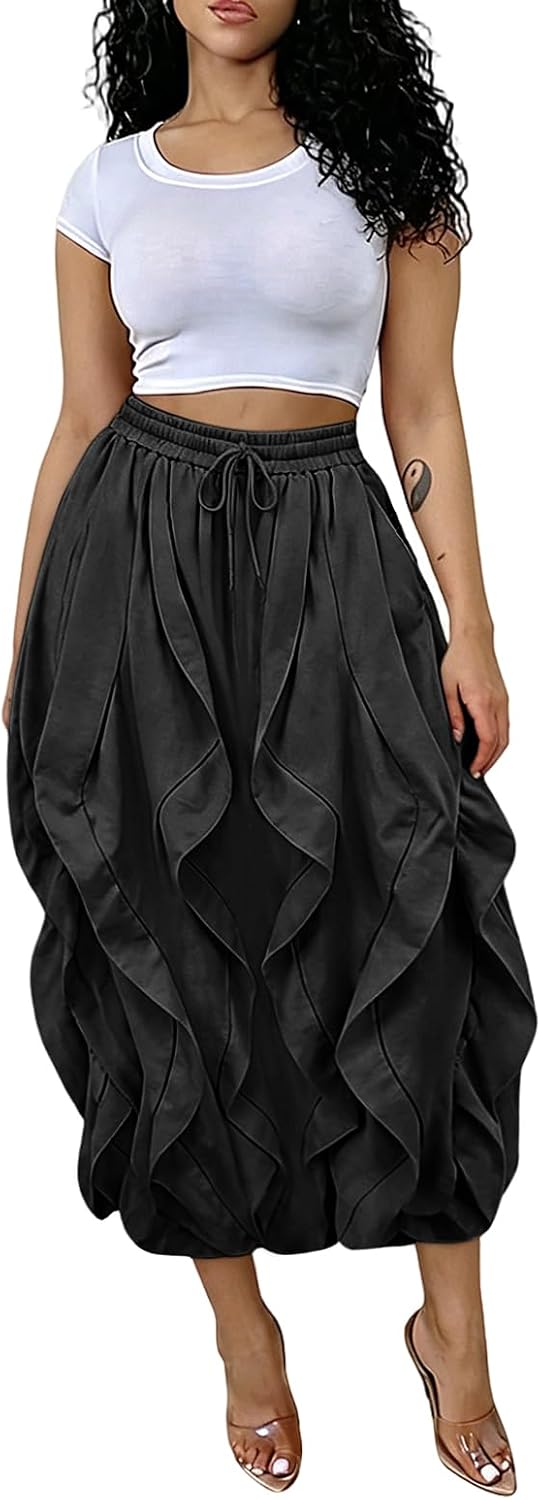 knowfashionstyle Cargo Skirts for Women Baggy Loose Fit Boho Bubble Maxi Skirt Drawstring Ruched Y2K Skirt with Pockets
